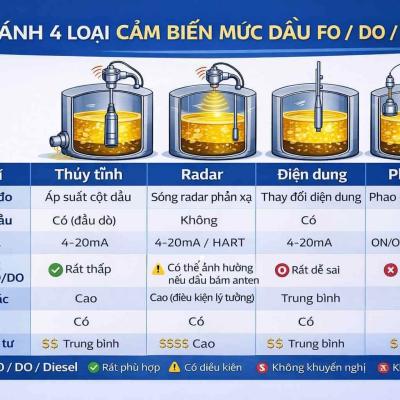 So sánh cảm biến mức dầu: Thủy tĩnh vs Radar vs Điện dung vs Phao | Chọn đúng cho FO, DO, Diesel
